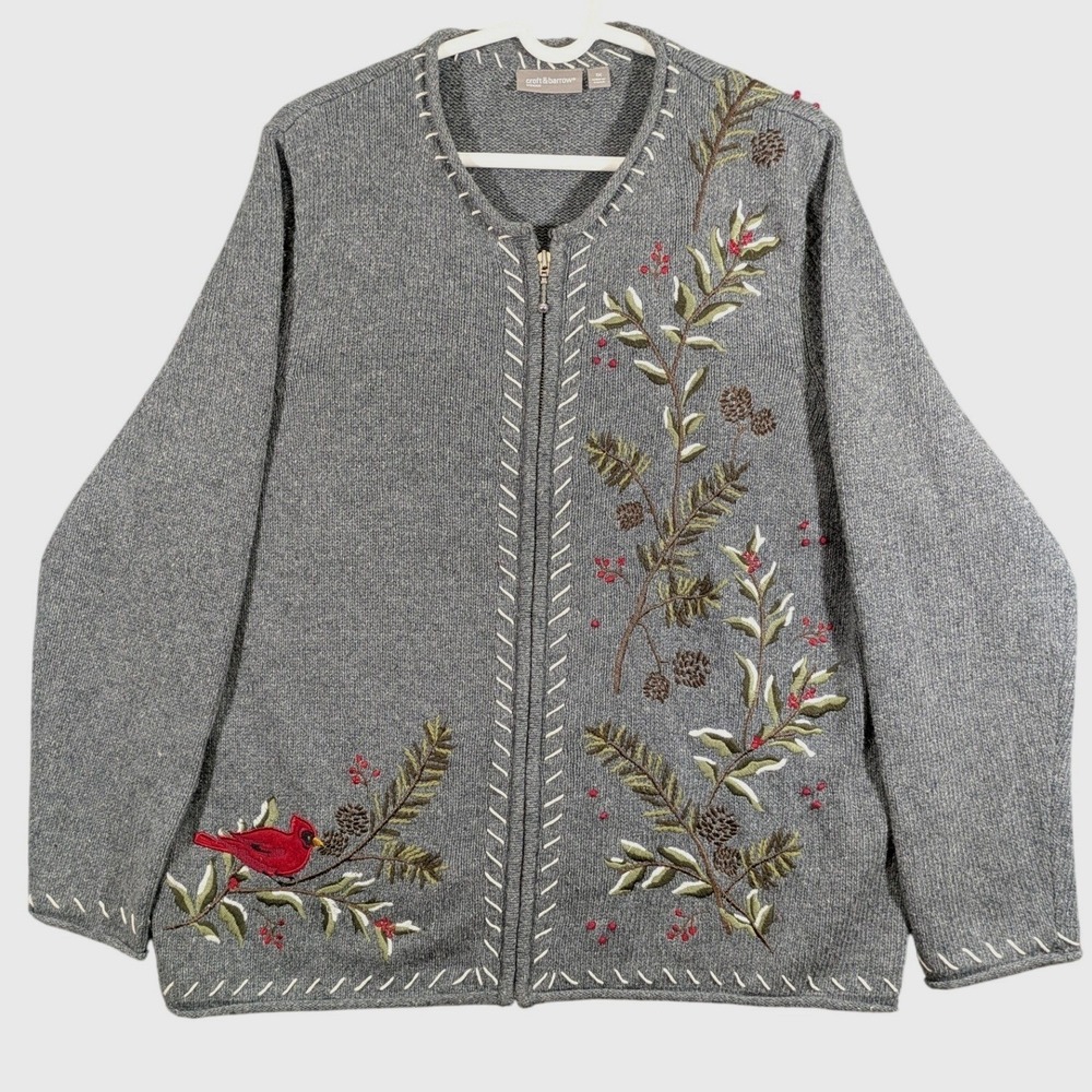 Croft & Barrow Woman Gray Cardinal Embroidered Zip Cardigan Sweater Size 1X
